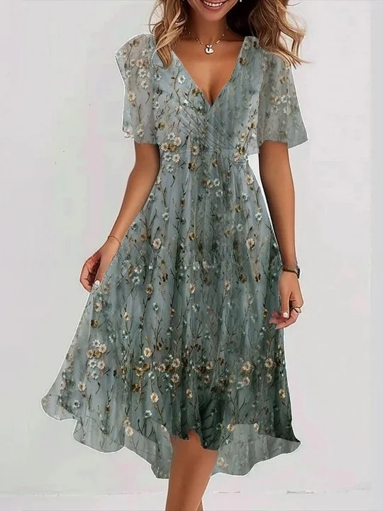 Women's Short Sleeve Summer Green Floral Printing V Neck Daily Going Out Vintage Maxi A-Line Ruffle Skirt Dress