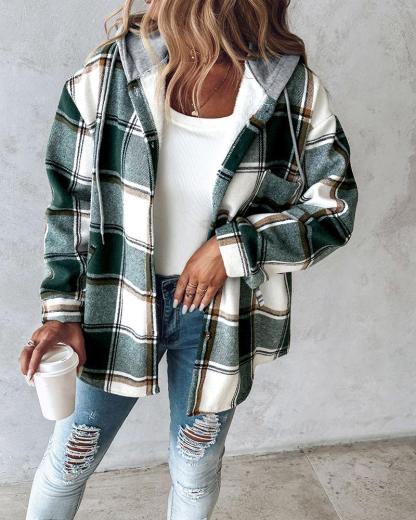 Plaid Pattern Long Sleeve Shacket Button Down Fleece Lined Hooded Jackets Warm Coat
