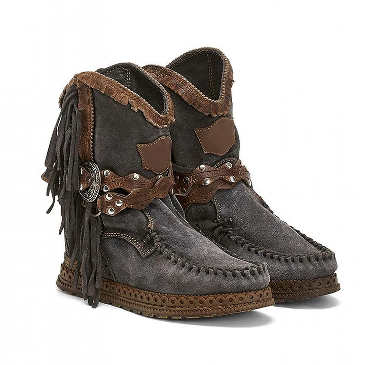 Women's Retro Leather Round-toe Flat Heel Tassel Boots Silverstone Marine Turquoise Moccasin Vintage Stone-washed Shoes