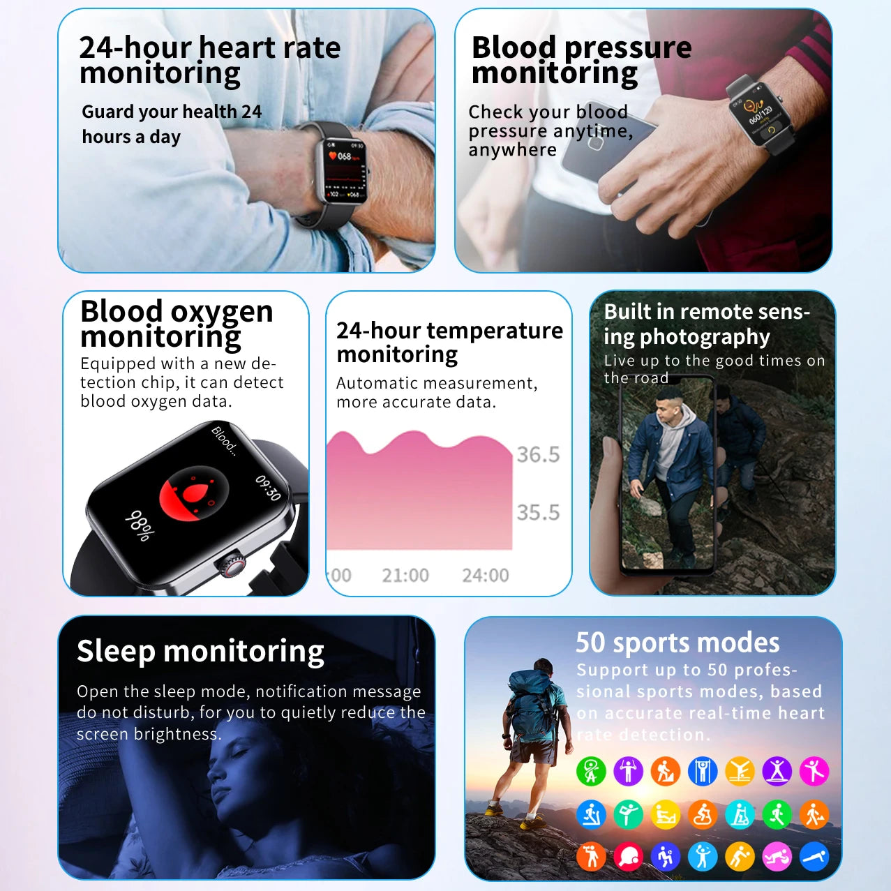 ♻ All day monitoring of heart rate,blood sugar, and blood pressure ⌚ Bluetooth fashion smartwatch