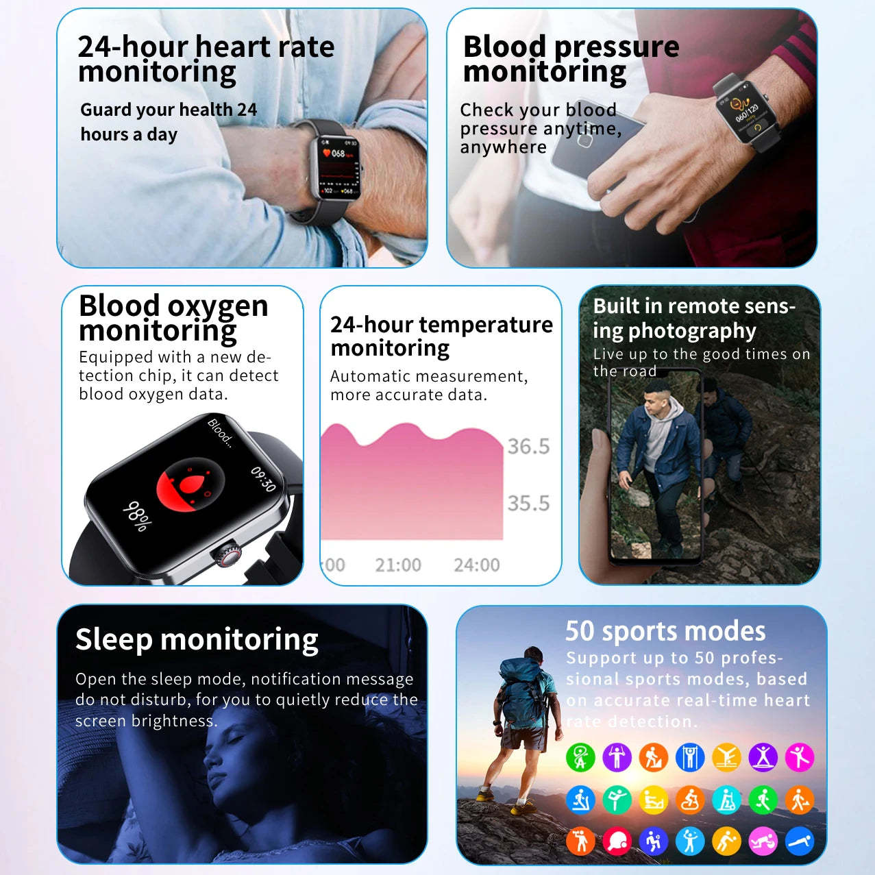 ♻ All day monitoring of heart rate,blood sugar, and blood pressure ⌚ Bluetooth fashion smartwatch