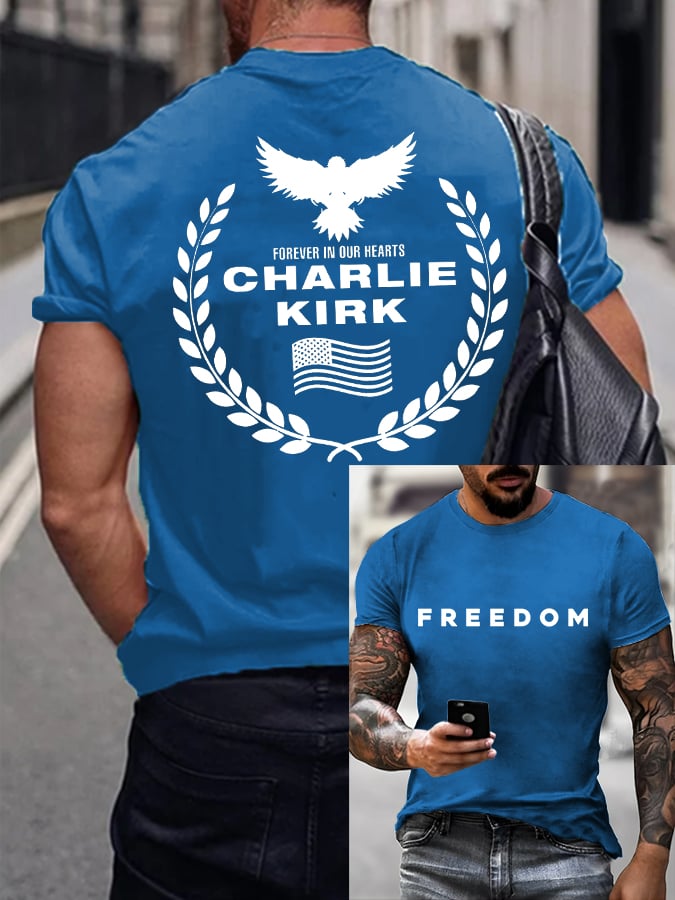 Men's Freedom American Flag Forever In Our Hearts Print Short Sleeve T-shirt