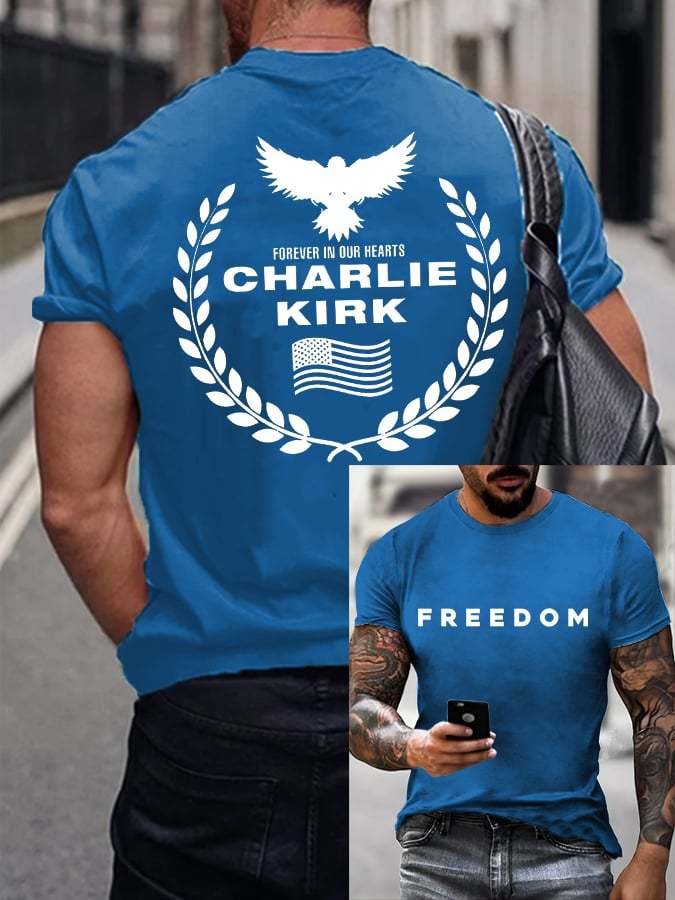 Men's Freedom American Flag Forever In Our Hearts Print Short Sleeve T-shirt