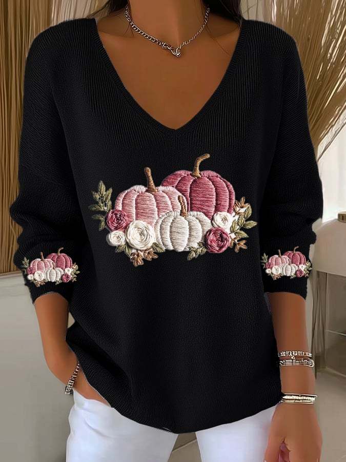 Women's casual pink pumpkin long-sleeved T-shirt knitted ribbed long-sleeved T-shirt