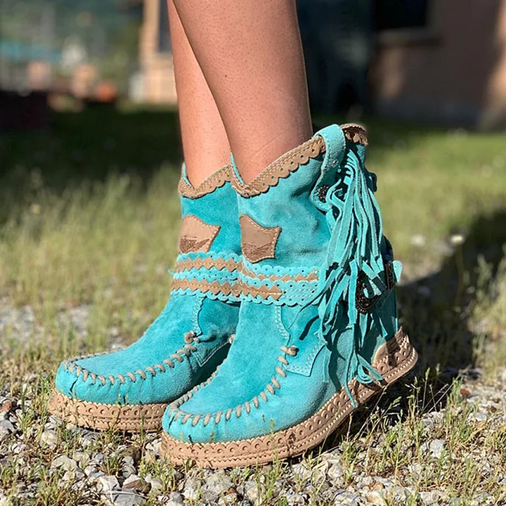 Women's Retro Leather Round-toe Flat Heel Tassel Boots Silverstone Marine Turquoise Moccasin Vintage Stone-washed Shoes