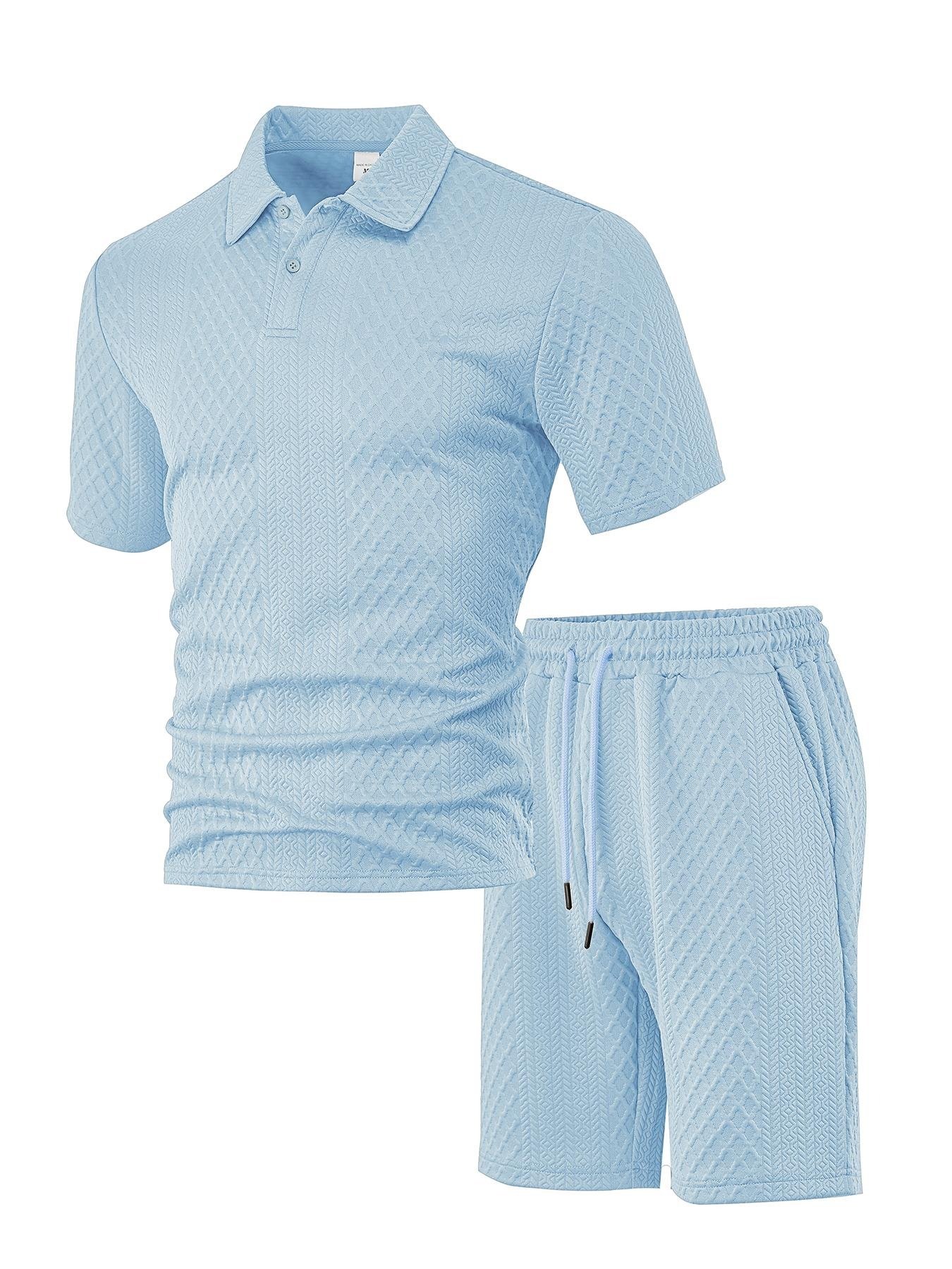 Men's Solid Polo Shirt & Drawstring Waist Shorts Set, Cozy Breathable Two-piece Outfits