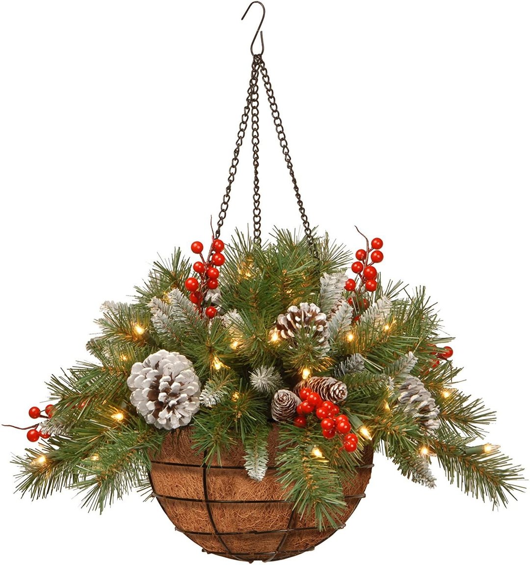 Pre-lit Artificial Christmas Hanging Basket Flocked with Mixed Decorations and White LED Lights