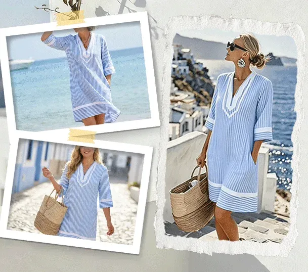 🏖️Summer Sale🔥 Boho V-Neck Short Sleeve Striped Dress