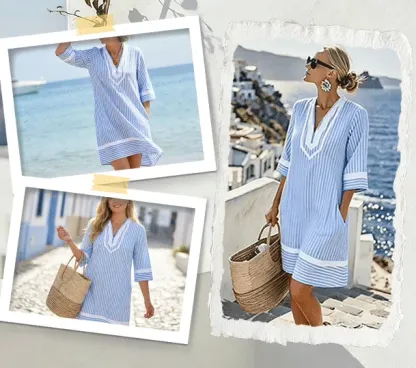 🏖️Summer Sale🔥 Boho V-Neck Short Sleeve Striped Dress
