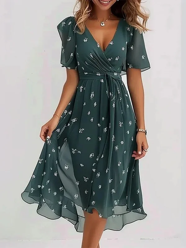 Women's Short Sleeve Summer Green Floral Printing V Neck Daily Going Out Vintage Maxi A-Line Ruffle Skirt Dress
