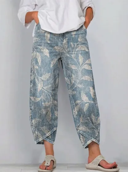 Women's Vintage Floral Pattern Art Print Casual Cotton Denim Pants