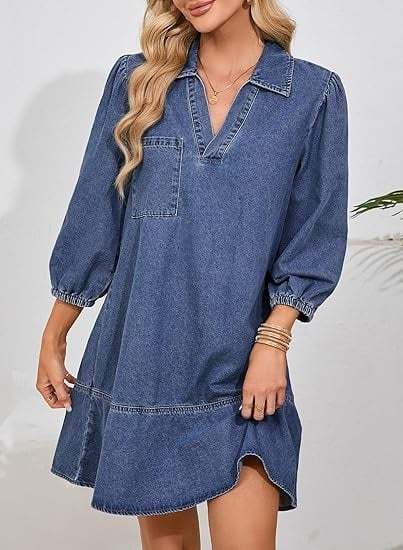 ⏰Hot Sale-Women's V-neck Puff Sleeve Denim Layered Dress