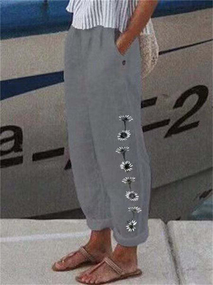 Women's Daisy Print Cotton Blend Soft Vacation Pants