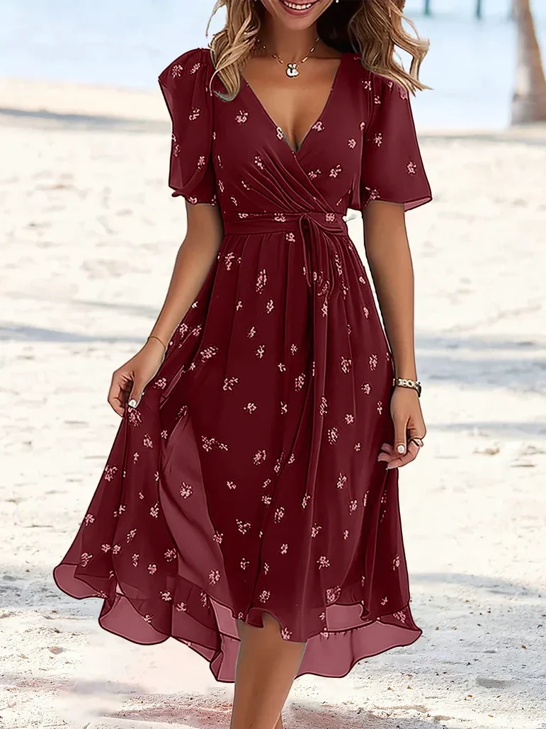 Women's Short Sleeve Summer Green Floral Printing V Neck Daily Going Out Vintage Maxi A-Line Ruffle Skirt Dress