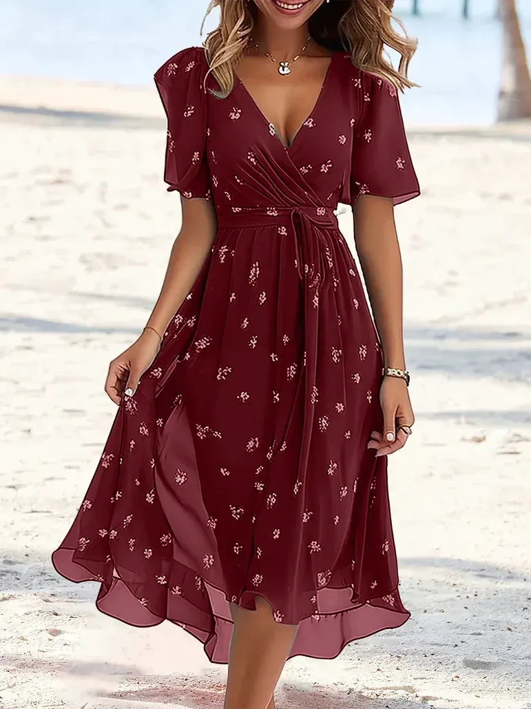 Women's Short Sleeve Summer Green Floral Printing V Neck Daily Going Out Vintage Maxi A-Line Ruffle Skirt Dress