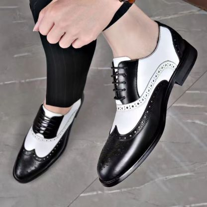 Men's white yellow patch wingtip brogue oxfords Lace-up formal business loafers shoes