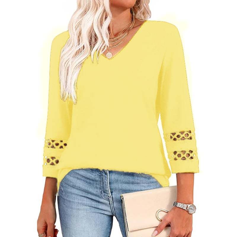 2025 New Womens 3/4 Length Sleeve Tops Trendy V Neck T Shirts