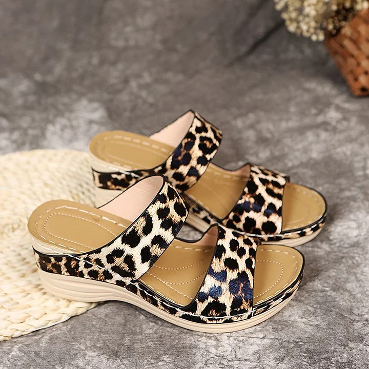 2024 New Leopard Print Leather Wedge Soft Sole Sandals for Women