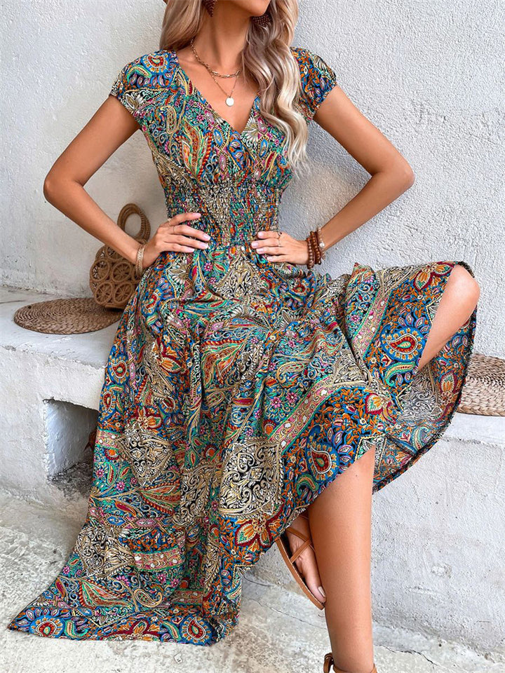 Bohemian V Neck Abstract Print High Waist Long Dress