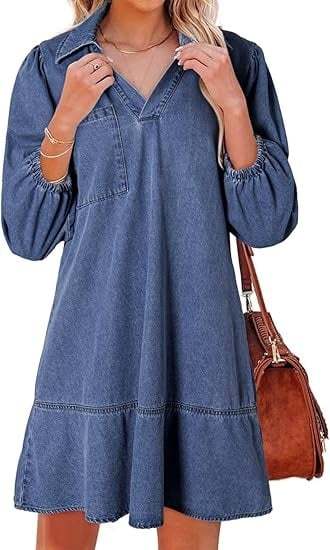 ⏰Hot Sale-Women's V-neck Puff Sleeve Denim Layered Dress