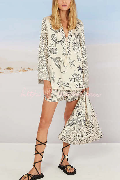 Live By Water Satin Unique Letter Print Tassle Shirt and Elastic Waist Shorts Set