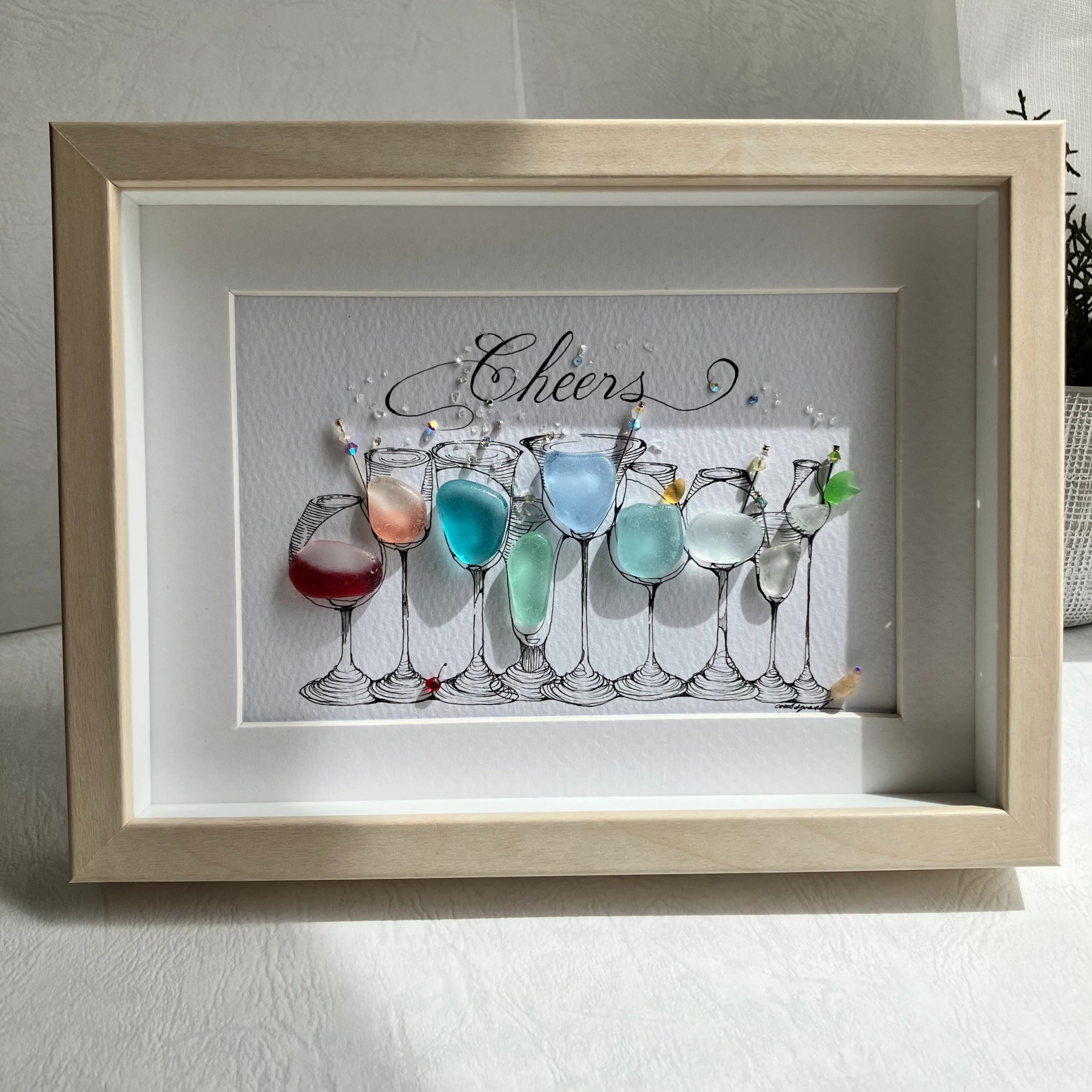 Happy Hour Sea Glass Art, 5x7 Framed Handmade Picture