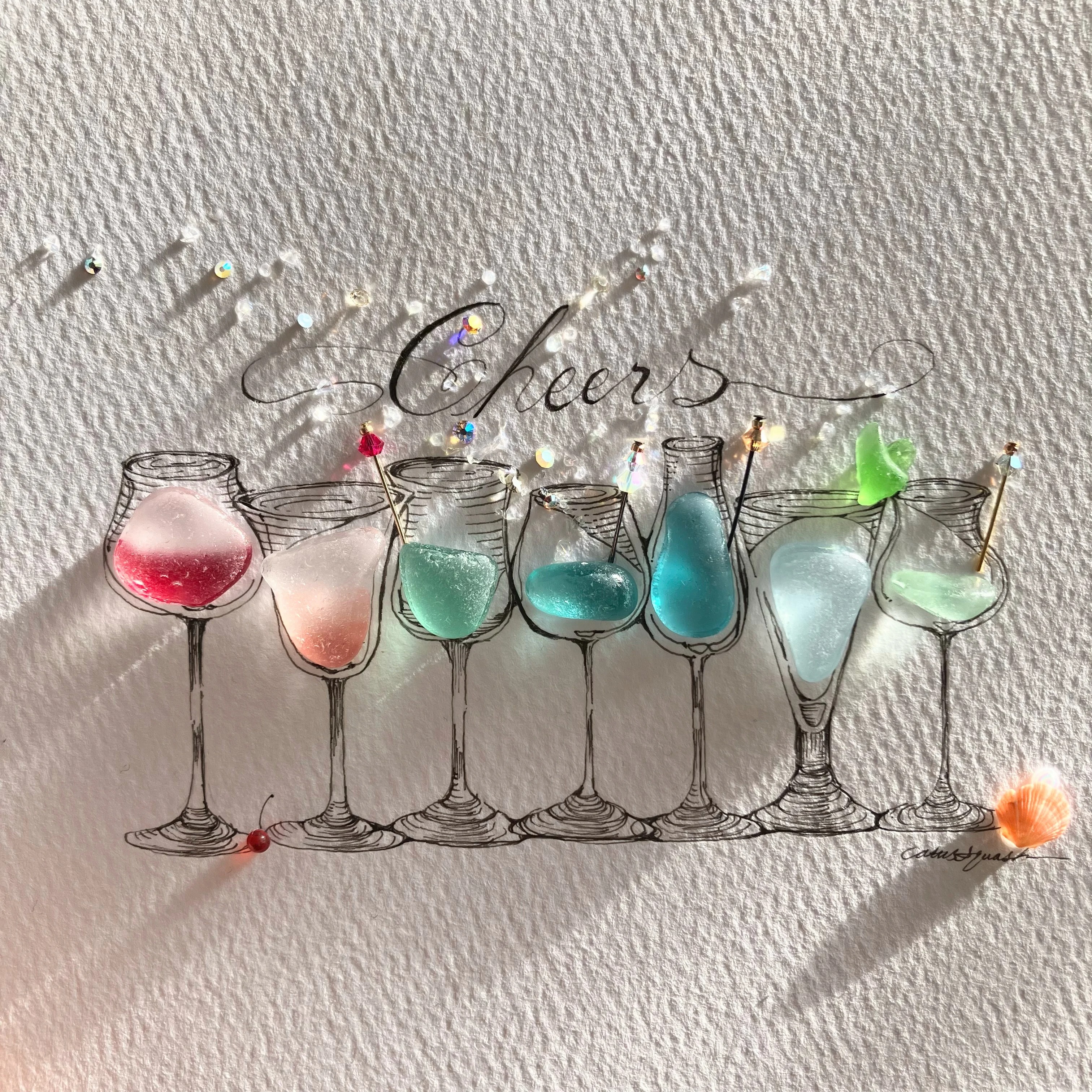 Happy Hour Sea Glass Art, 5x7 Framed Handmade Picture