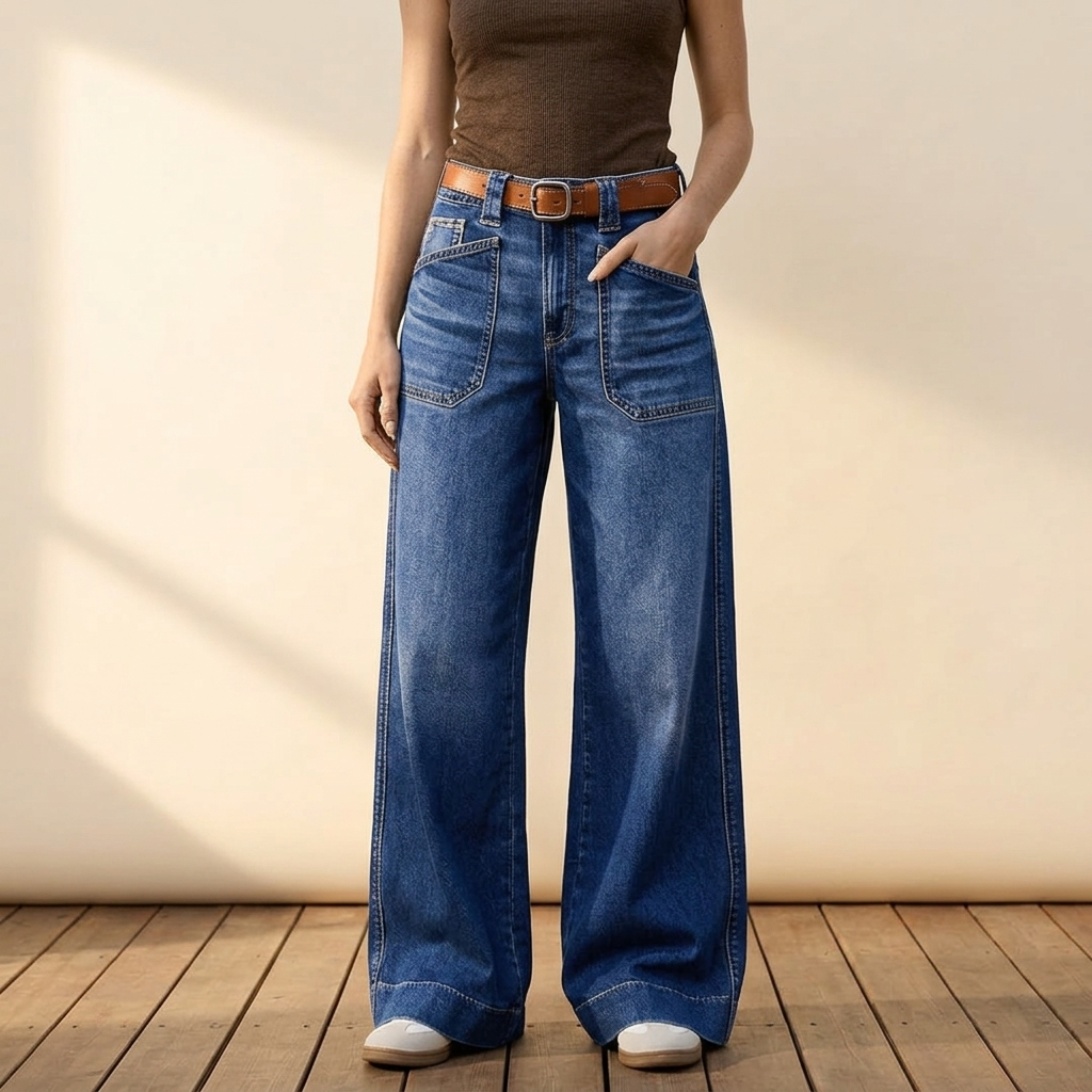 Women Patch Pocket Wide Leg Jeans