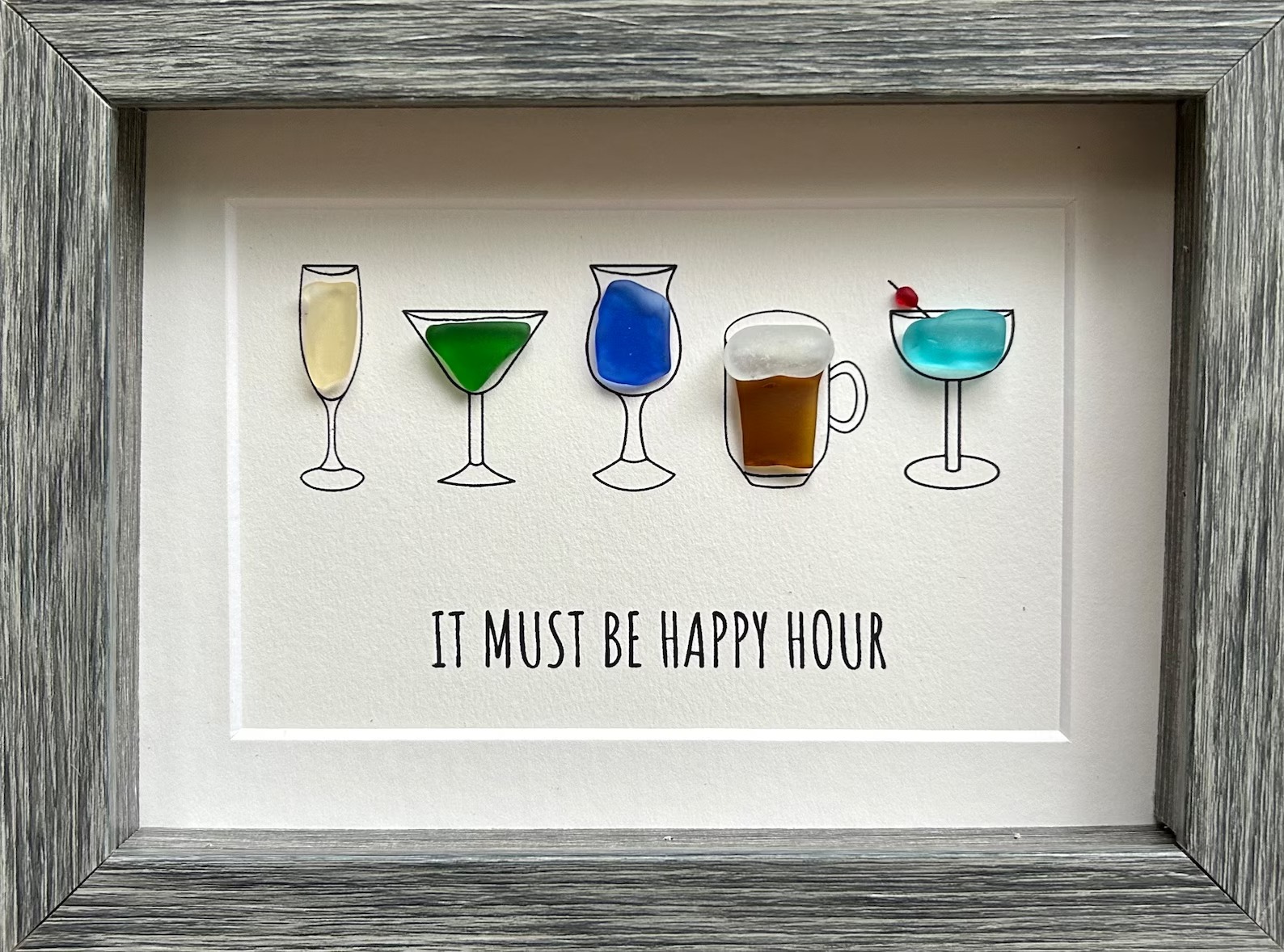 Happy Hour Sea Glass Art, 5x7 Framed Handmade Picture
