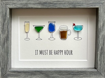 Happy Hour Sea Glass Art, 5x7 Framed Handmade Picture