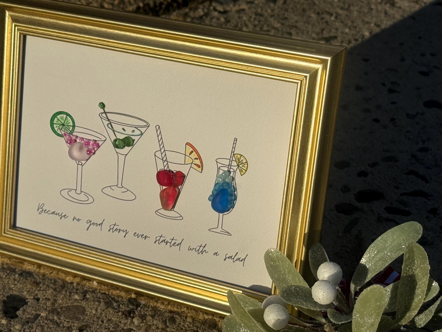 Happy Hour Sea Glass Art, 5x7 Framed Handmade Picture