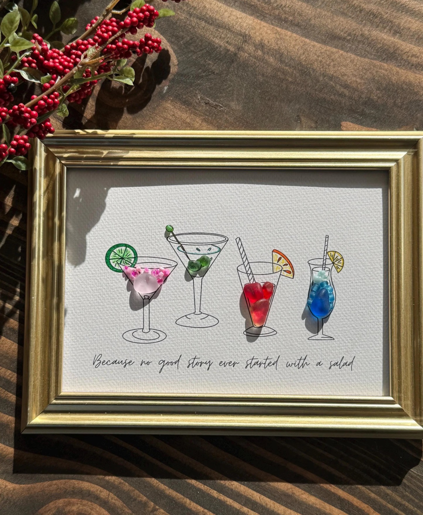 Happy Hour Sea Glass Art, 5x7 Framed Handmade Picture