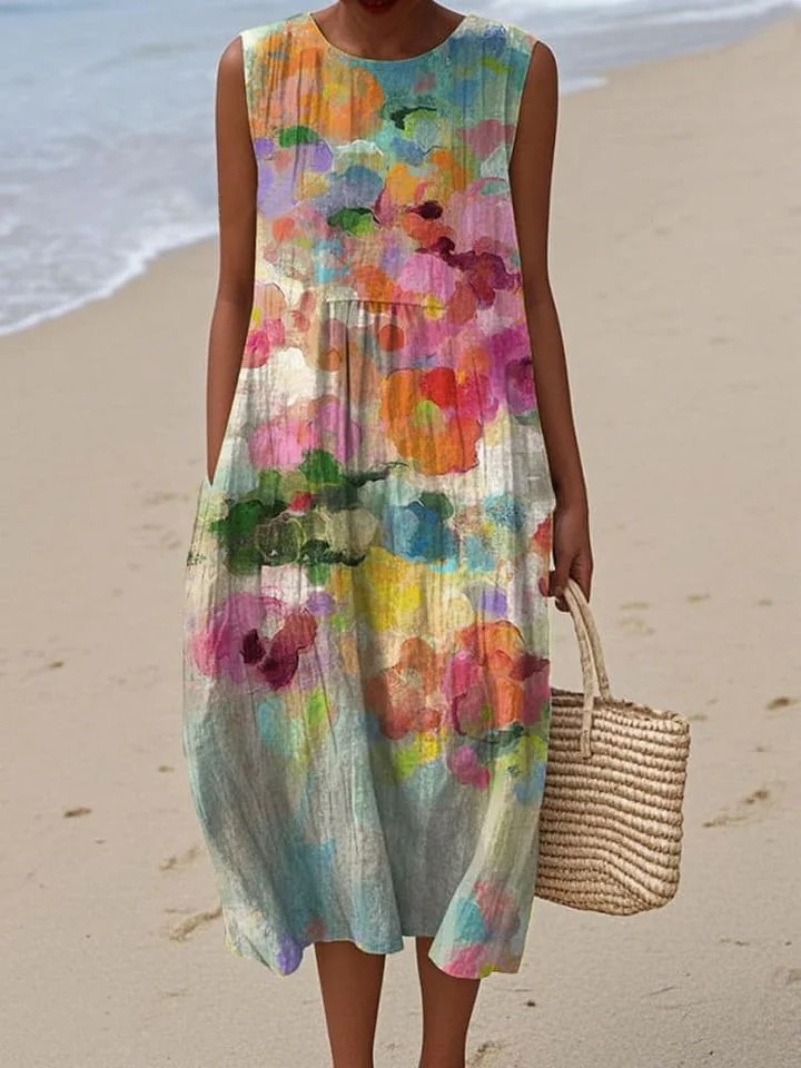 Women's Vintage Abstract Geometry  Art Print Sleeveless Cotton Pocket Wrap Dress