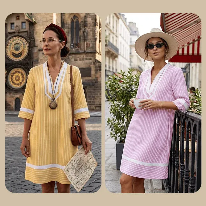 🏖️Summer Sale🔥 Boho V-Neck Short Sleeve Striped Dress