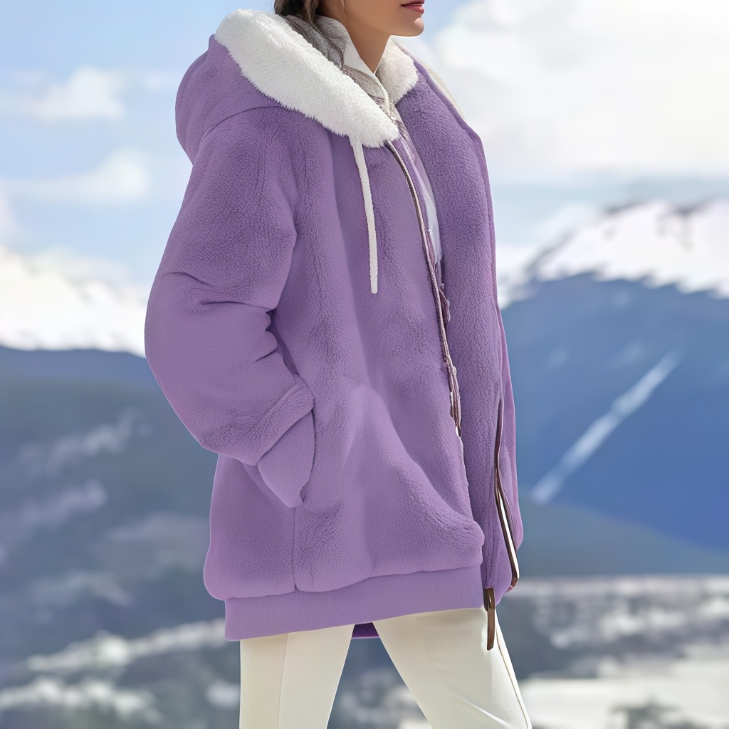 Women's Oversized Fleece-Lined Zipper Hooded Jacket—Soft and Warm Winter Wear