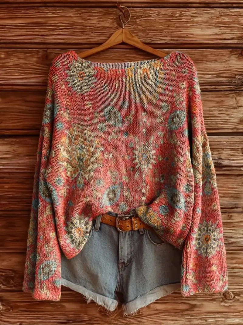 Vintage-Inspired Boho Sweater – Relaxed Fit with Artistic Print