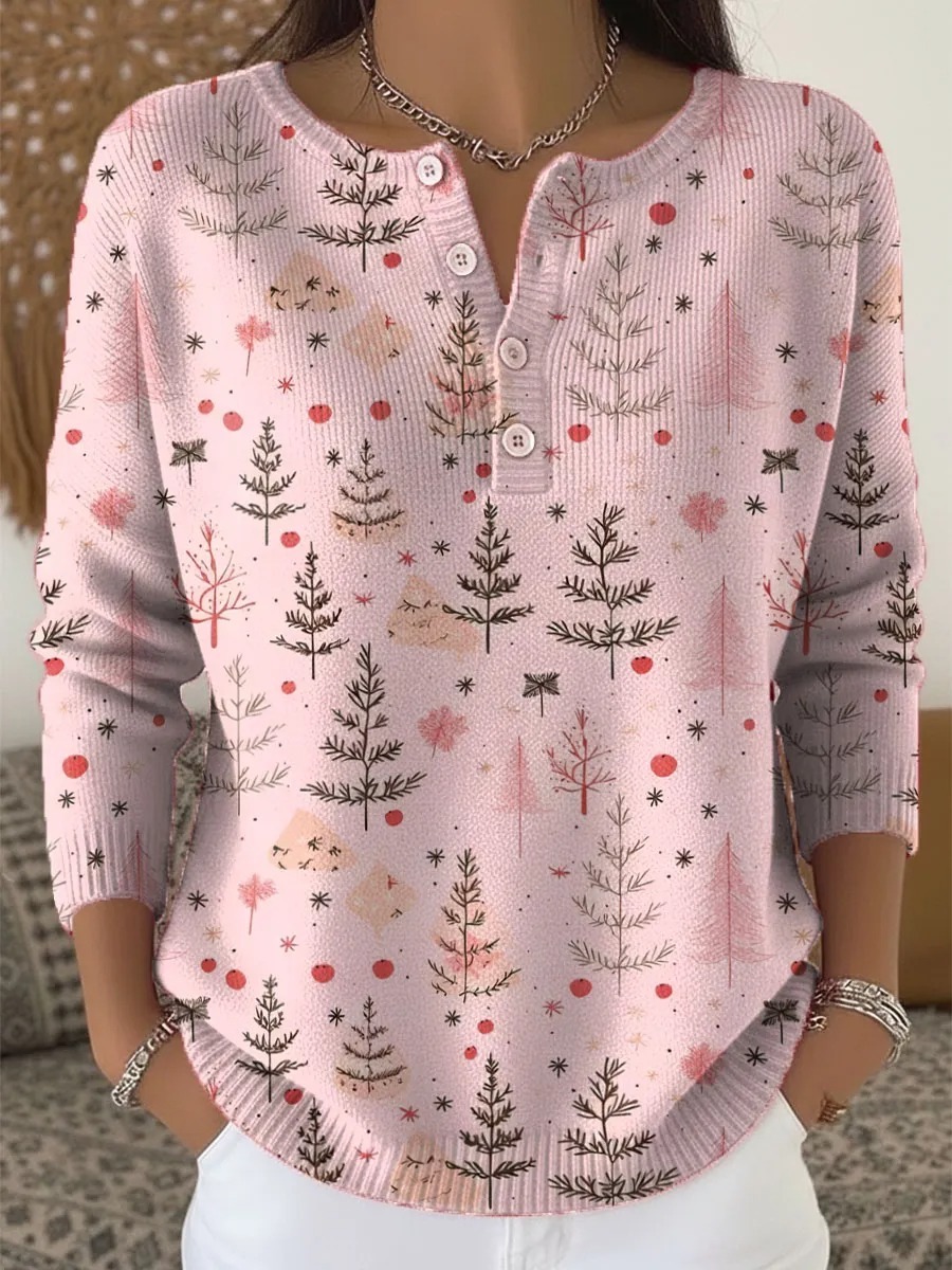 Women's Christmas Tree Pattern Art Print Buttoned Cardigan Sweater