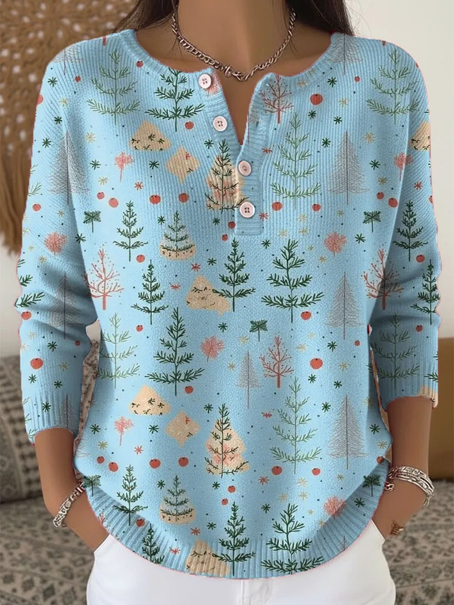 Women's Christmas Tree Pattern Art Print Buttoned Cardigan Sweater