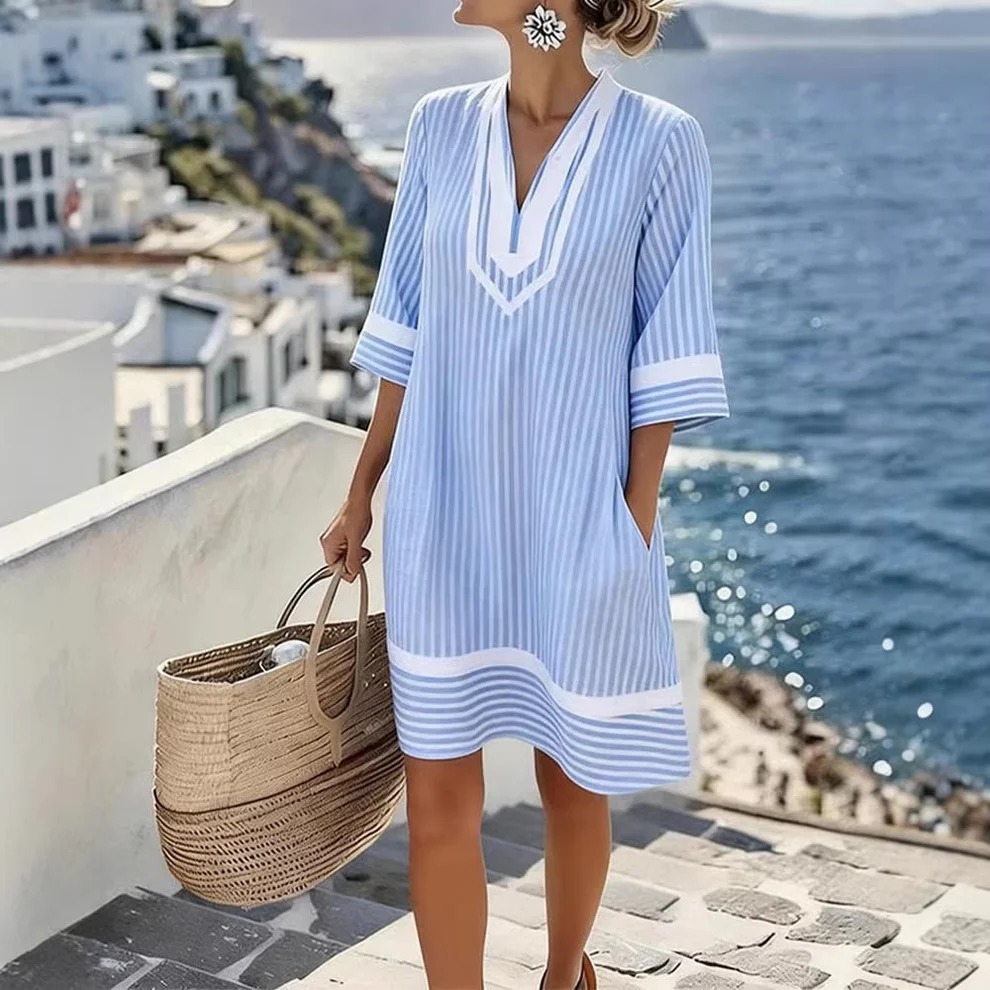 🏖️Summer Sale🔥 Boho V-Neck Short Sleeve Striped Dress