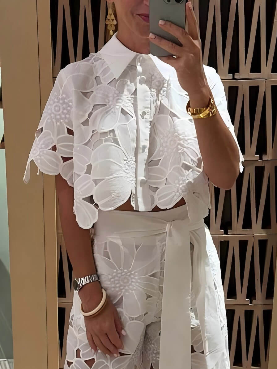 Exquisite Floral Embroidery Sexy Hollow Cardigan Two-Piece Set