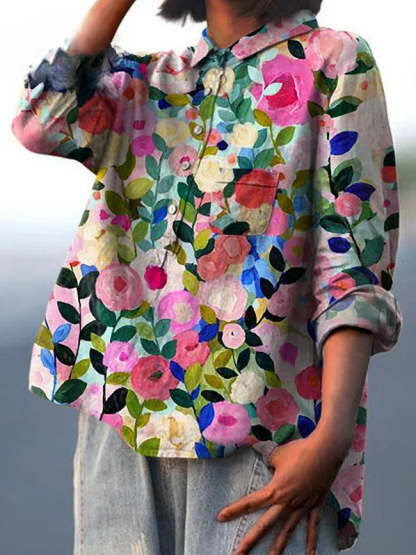 Odelia - Colorful Floral Cotton Linen Shirt