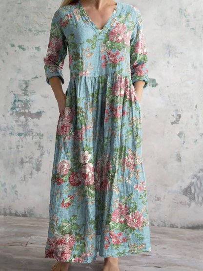Women's Vintage Floral Print Casual Cotton Dress