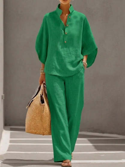 Casual Batwing Sleeve Linen And Cotton Shirt And Trousers Two-piece Set