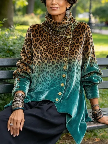 Bold Leopard Print Asymmetrical High-neck Velvet Top