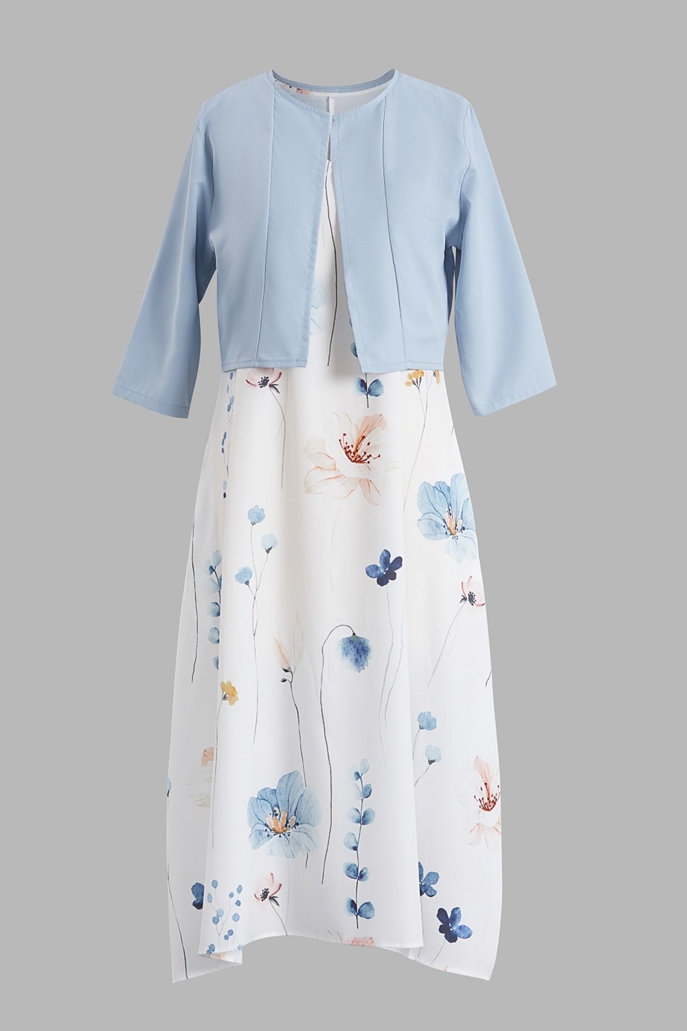 V Neck Half Sleeve Floral Two Piece Midi Dress