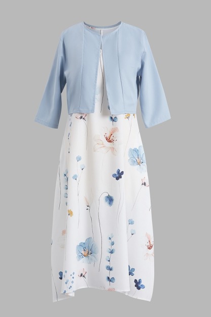 V Neck Half Sleeve Floral Two Piece Midi Dress