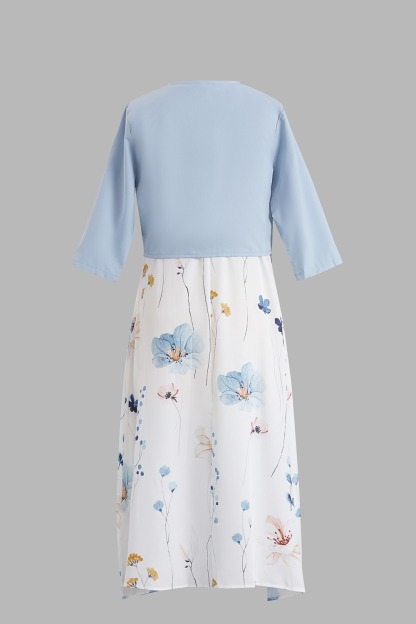 V Neck Half Sleeve Floral Two Piece Midi Dress