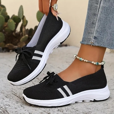 🔥Summer Best Seller🔥Women’s Breathable Knit Slip-On Sneakers with Bow – Lightweight Low-Top Casual Shoes in Beige u0026 White for Everyday Comfort