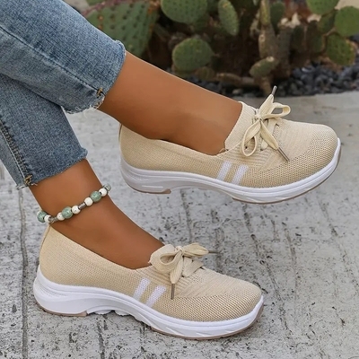 🔥Summer Best Seller🔥Women’s Breathable Knit Slip-On Sneakers with Bow – Lightweight Low-Top Casual Shoes in Beige u0026 White for Everyday Comfort