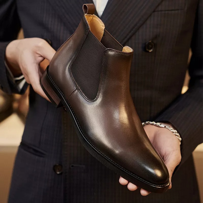 Western British Style Mens Real Leather Pull on Chelsea Ankle Boots